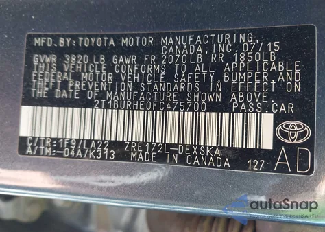 2015 Toyota Corolla S Premium из США, поврежденный, VIN 2T1BURHE0FC475700